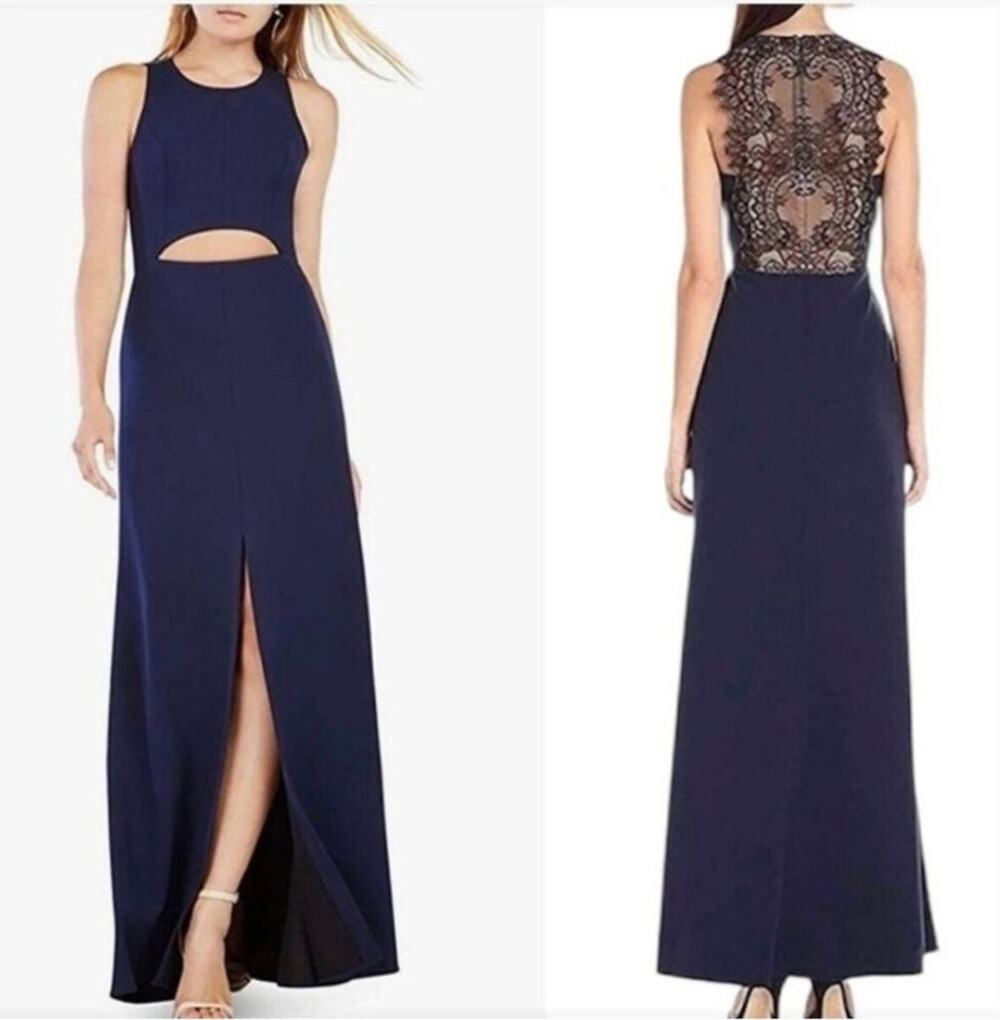 BCBG Max Azaria Navy Blue Veranna Cutout Lace-Back Elegant Gown Size 2 Tall